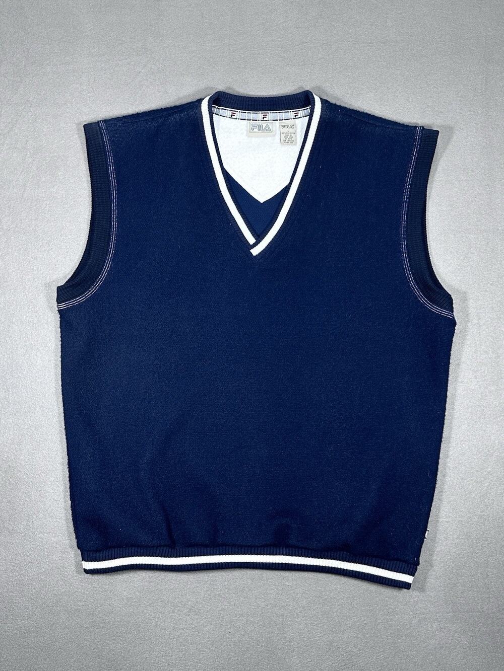 Vintage FILA Navy V-Neck Sweater Vest Men’s Size L White Trim Y2K